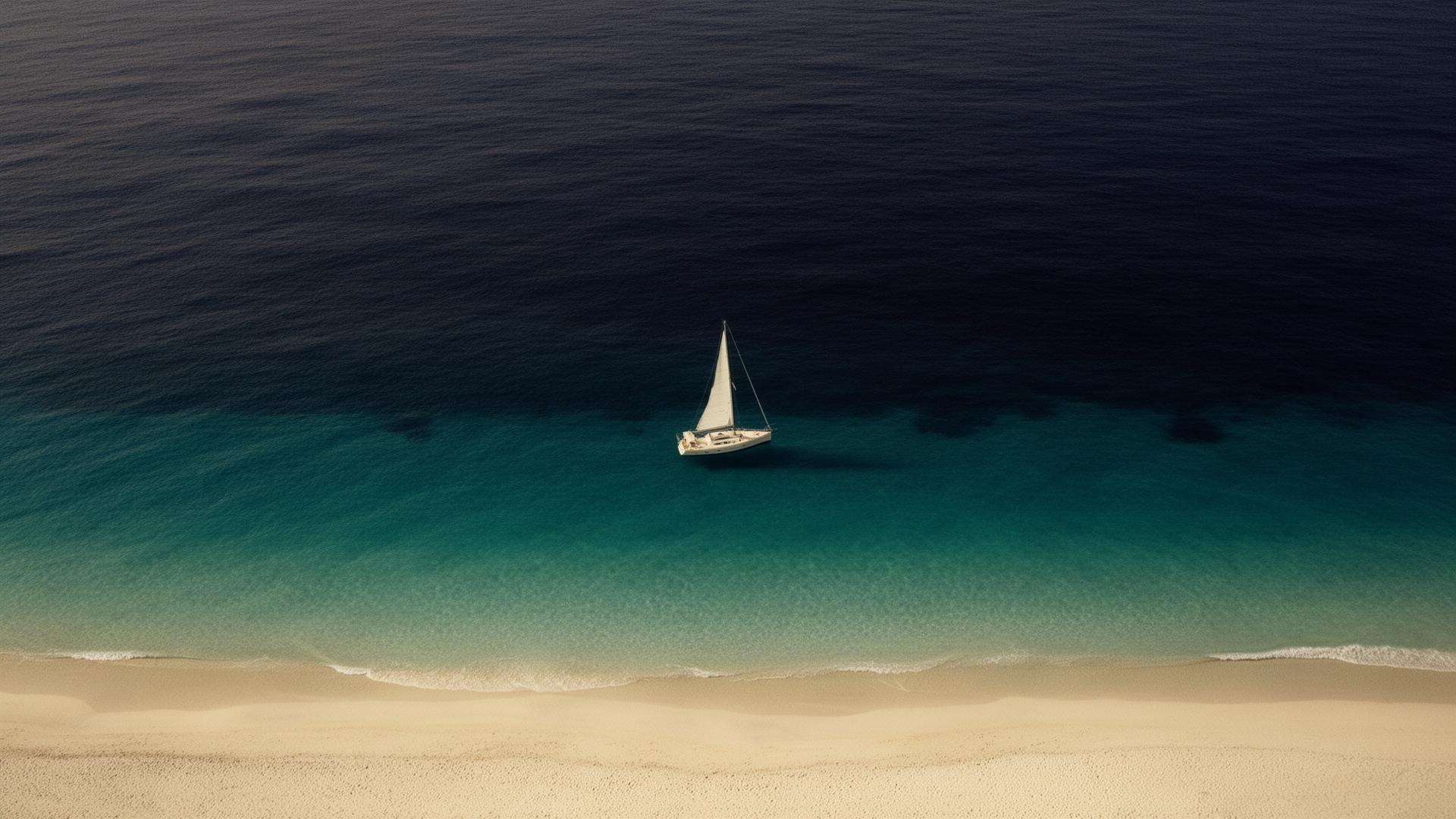 Voilier sur une mer turquoise et navy, vue aérienne